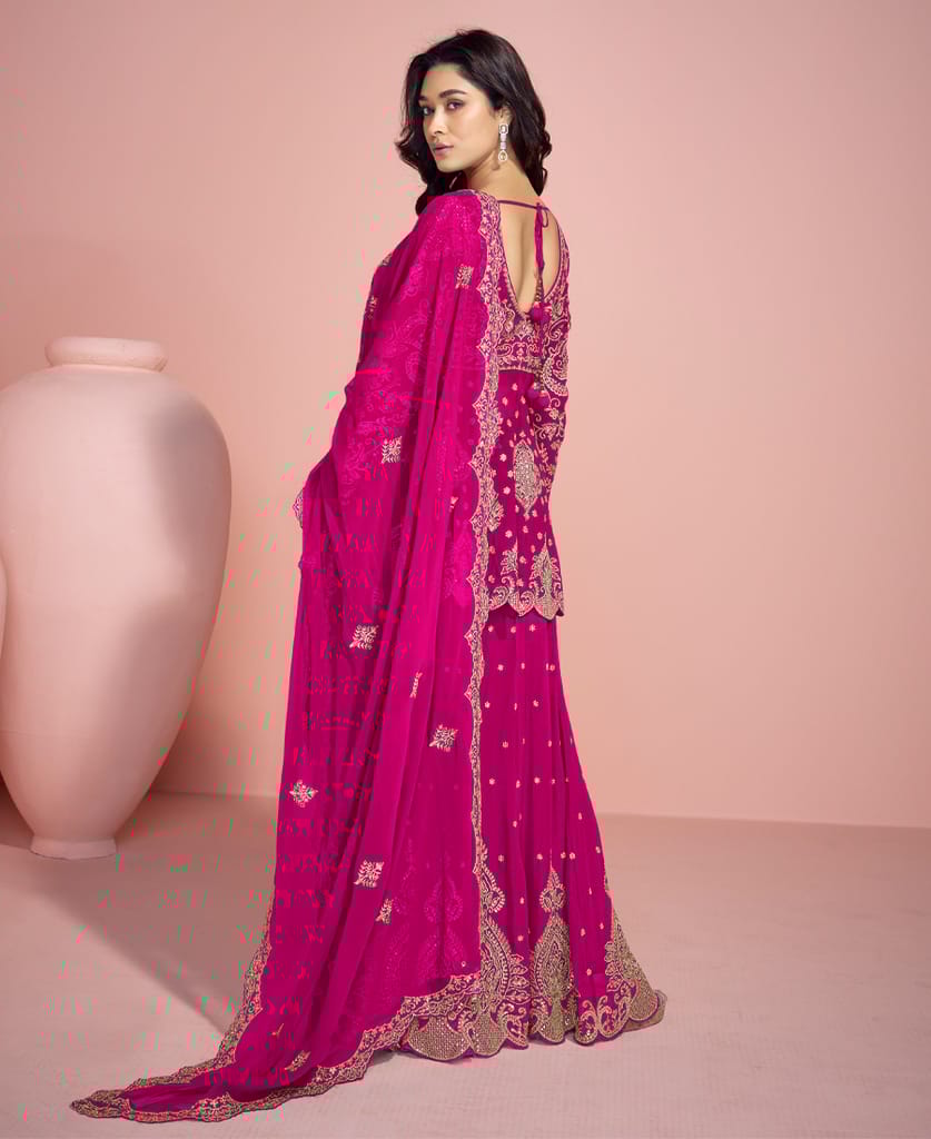 traditional georgette pink heavy embroidered sharara suit for women
