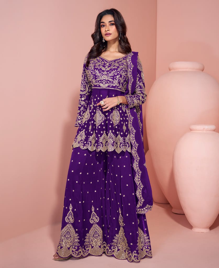 traditional georgette pink heavy embroidered sharara suit for women