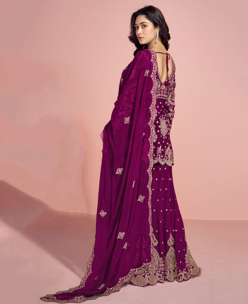 traditional georgette pink heavy embroidered sharara suit for women