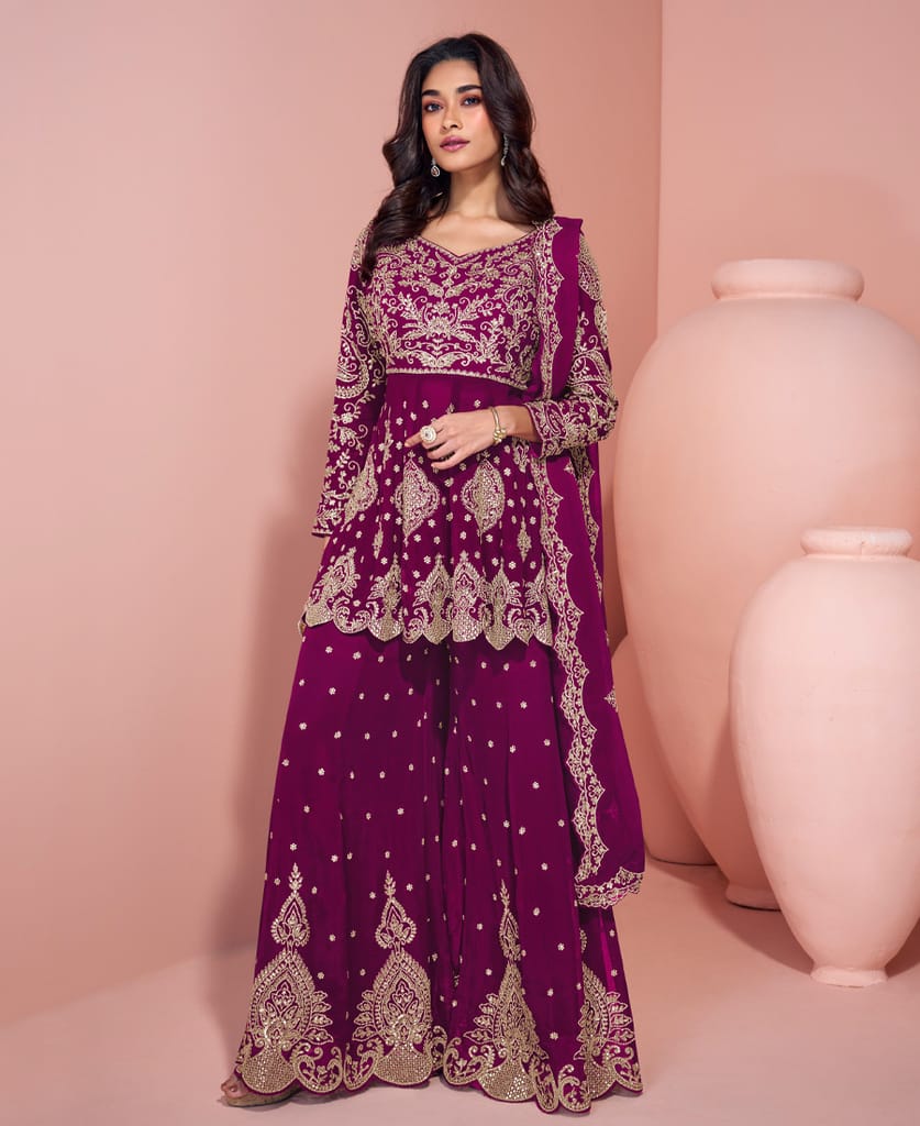 traditional georgette pink heavy embroidered sharara suit for women