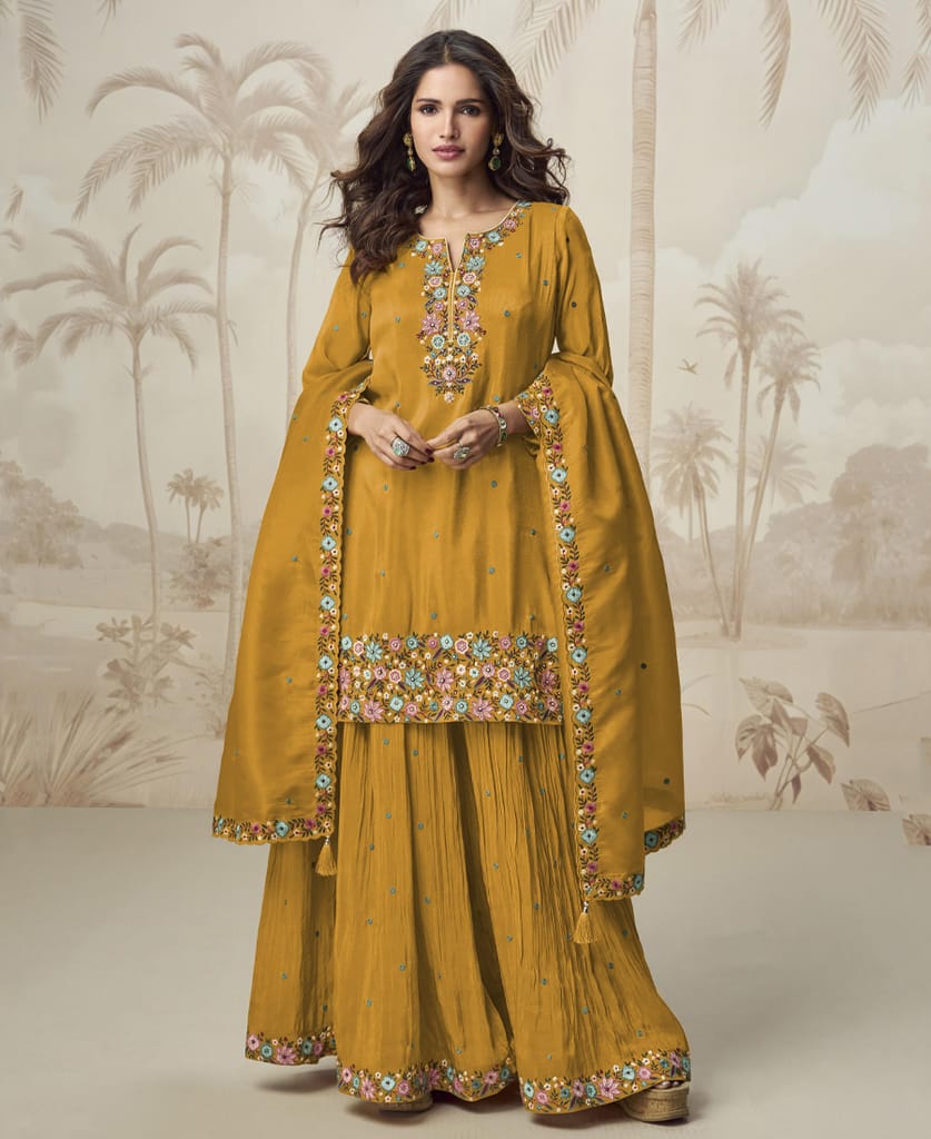 yellow simple and sober silk sharara suit for women ethnic wear