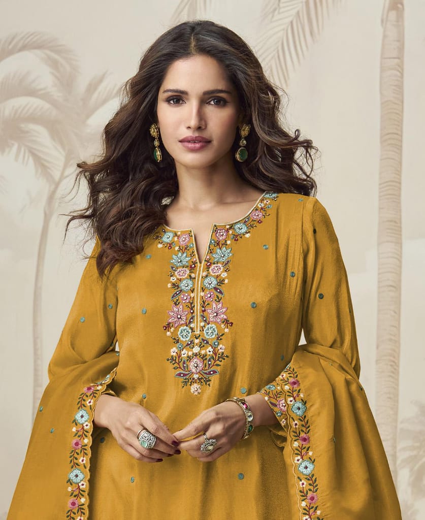yellow simple and sober silk sharara suit for women ethnic wear