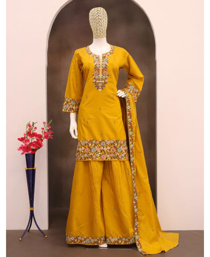 yellow simple and sober silk sharara suit for women ethnic wear