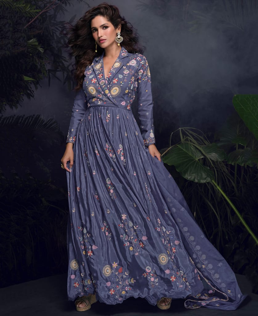 designer chinon silk lilac anarkali suit for women festival wear