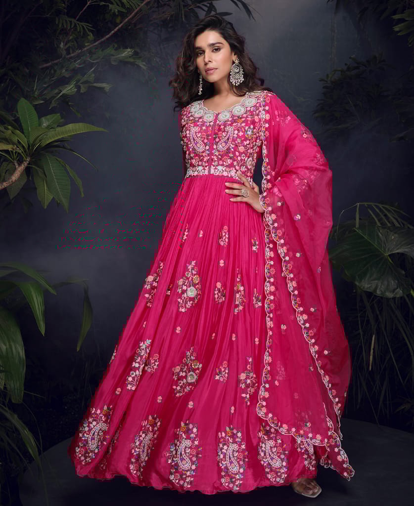 designer chinon silk pink anarkali suit for women festival wear