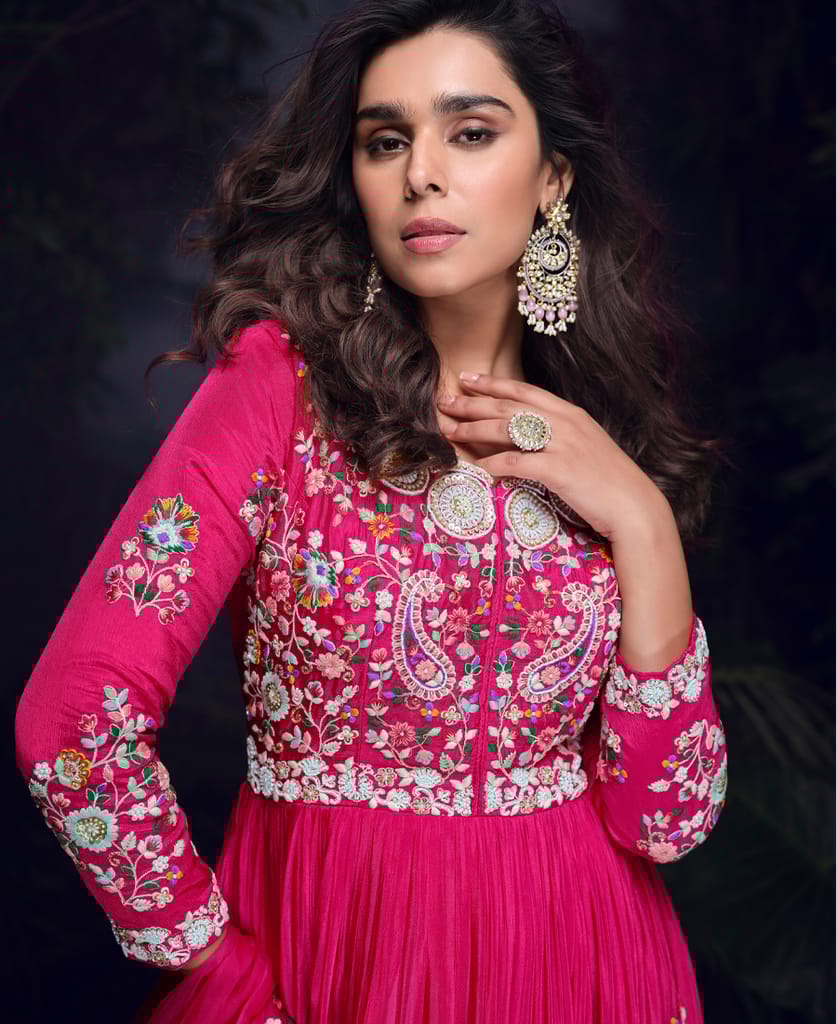 designer chinon silk pink anarkali suit for women festival wear