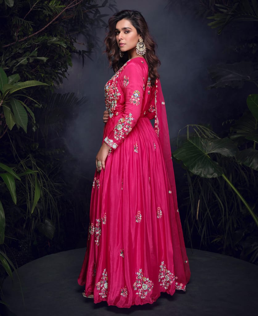 designer chinon silk pink anarkali suit for women festival wear