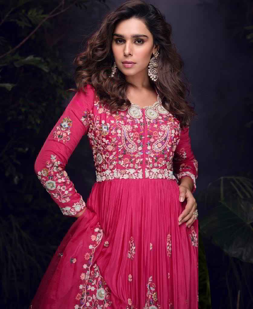 designer chinon silk pink anarkali suit for women festival wear