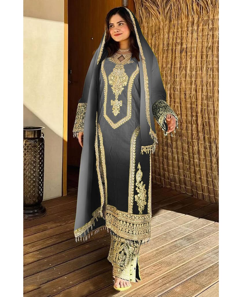 new ombre pattern chinon grey straight suit for women