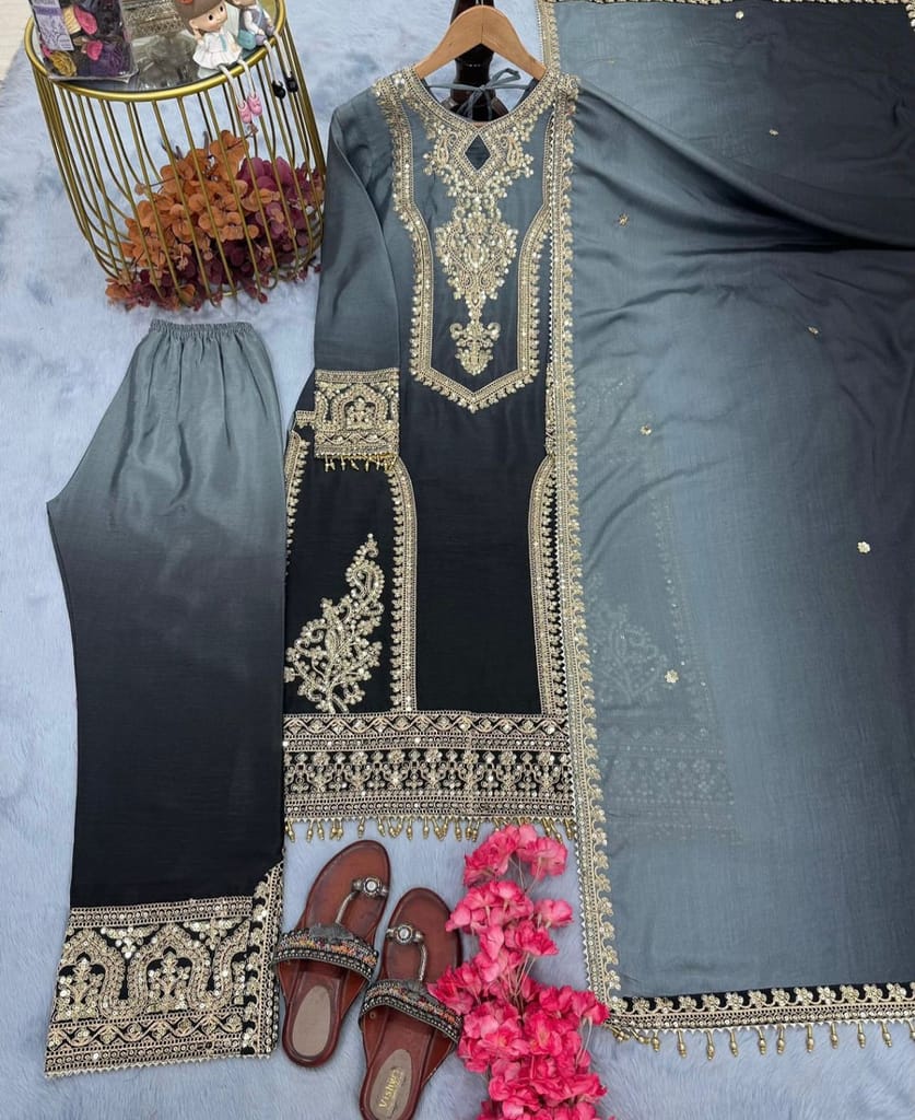 new ombre pattern chinon grey straight suit for women