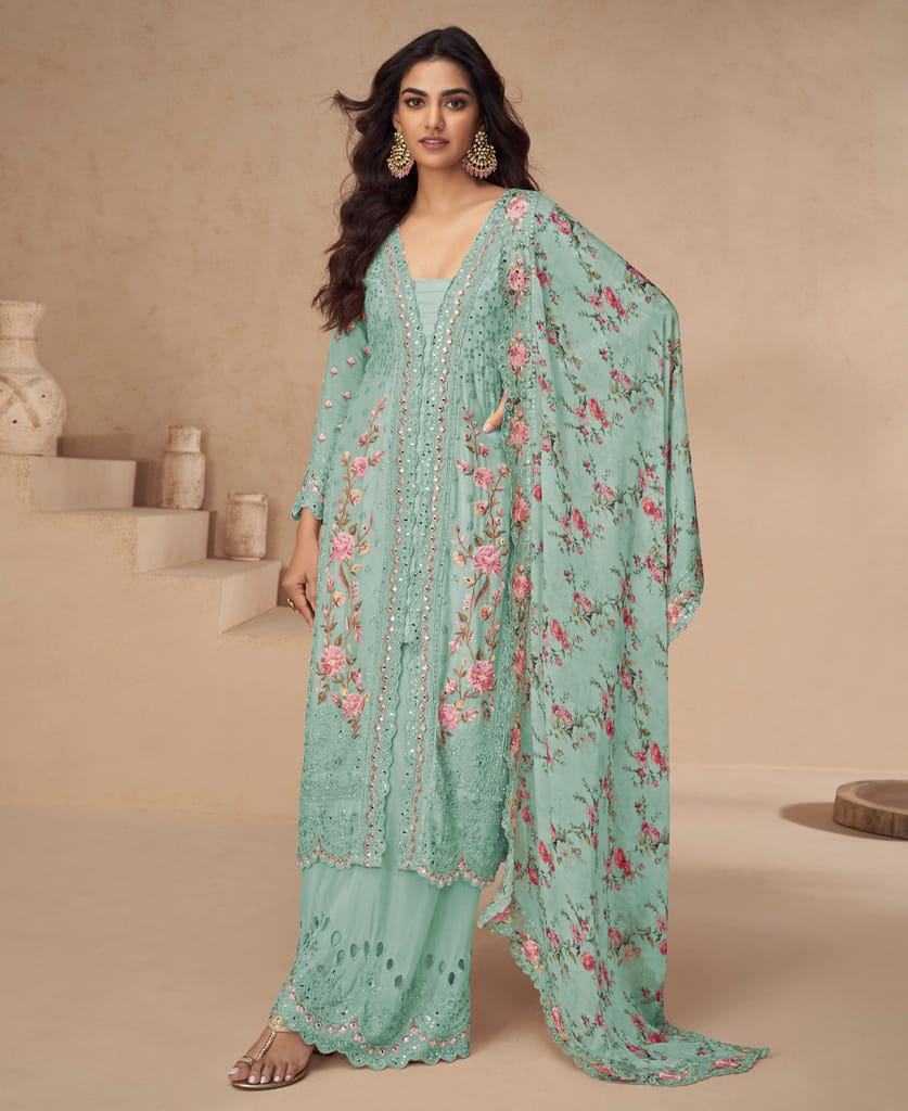 designer sky blue summer wear chinon Pakistani straight suit for women