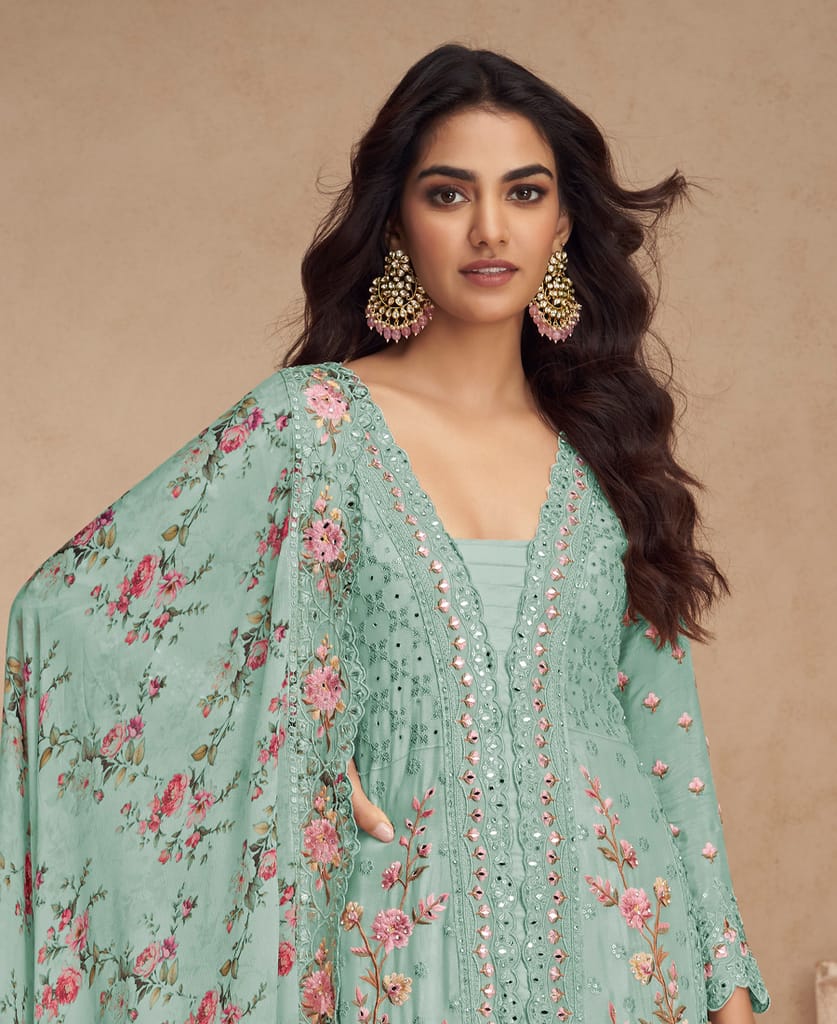 designer sky blue summer wear chinon Pakistani straight suit for women