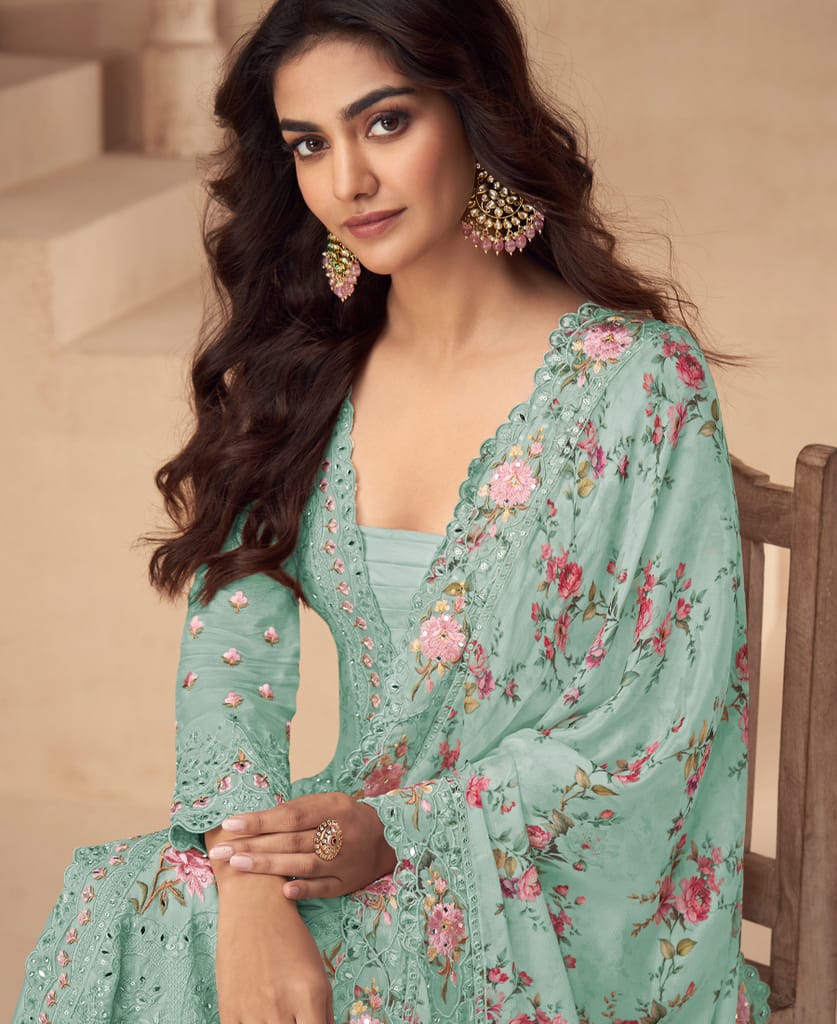 designer sky blue summer wear chinon Pakistani straight suit for women