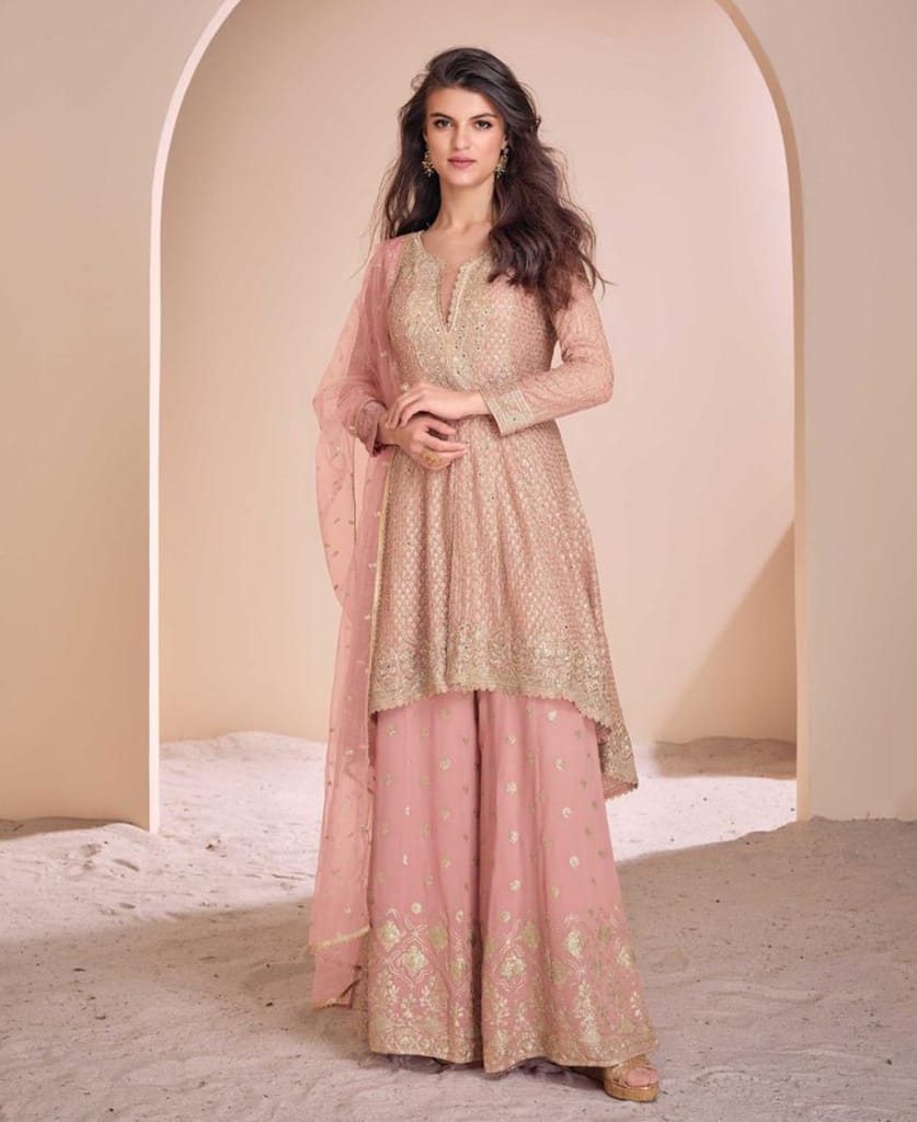 new peach high low style wedding wear georgette salwar suit for women