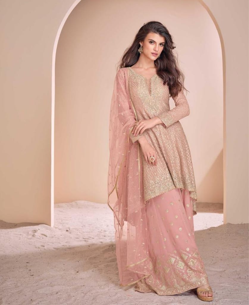 new peach high low style wedding wear georgette salwar suit for women