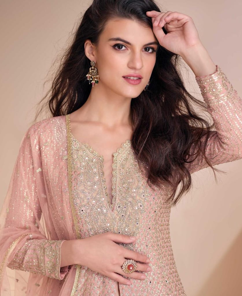 new peach high low style wedding wear georgette salwar suit for women