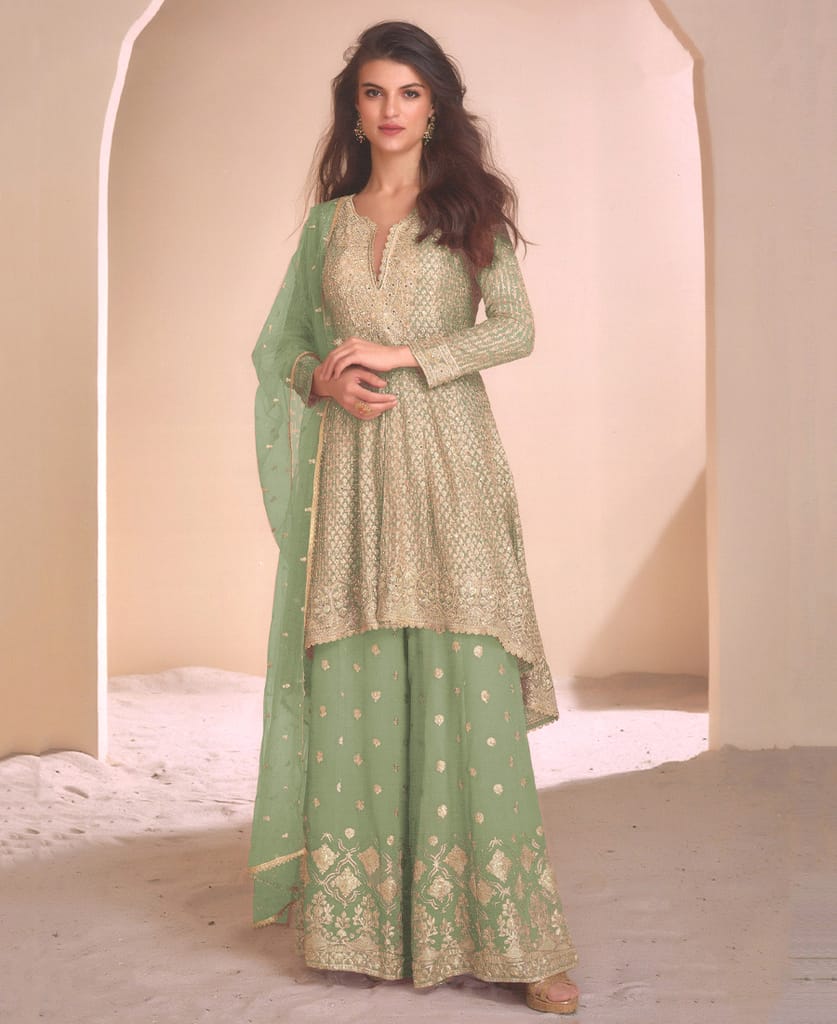 new peach high low style wedding wear georgette salwar suit for women