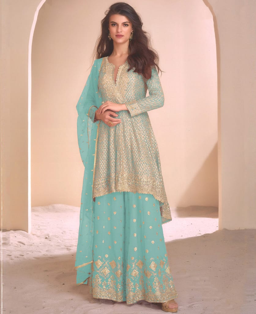new peach high low style wedding wear georgette salwar suit for women