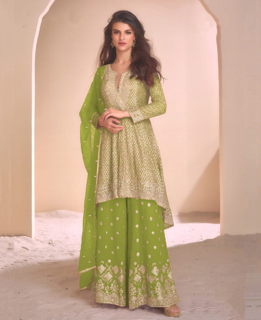 new peach high low style wedding wear georgette salwar suit for women