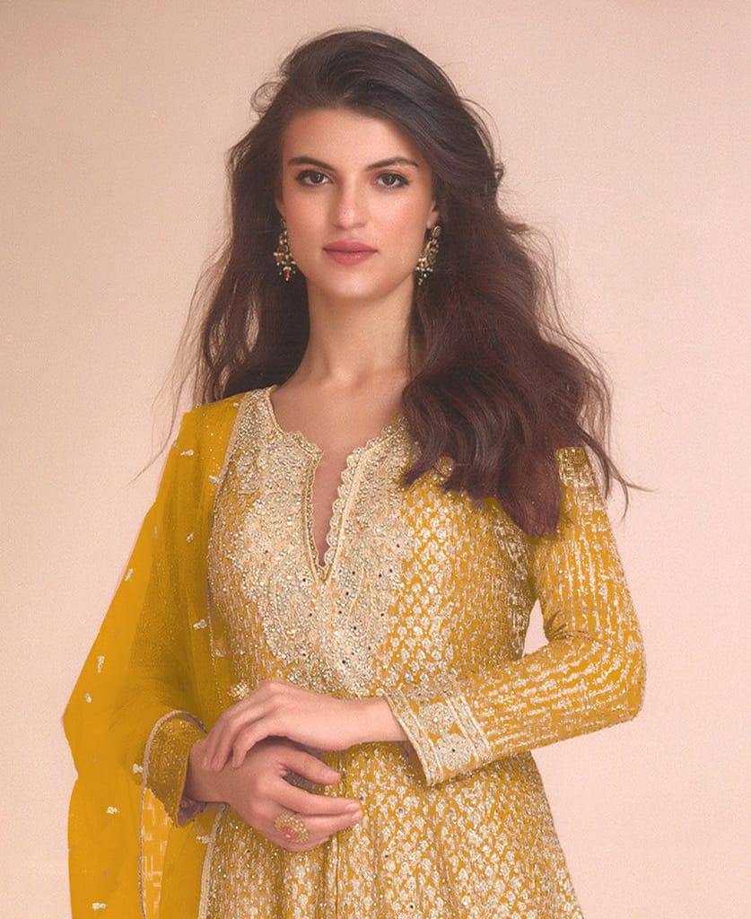 new peach high low style wedding wear georgette salwar suit for women