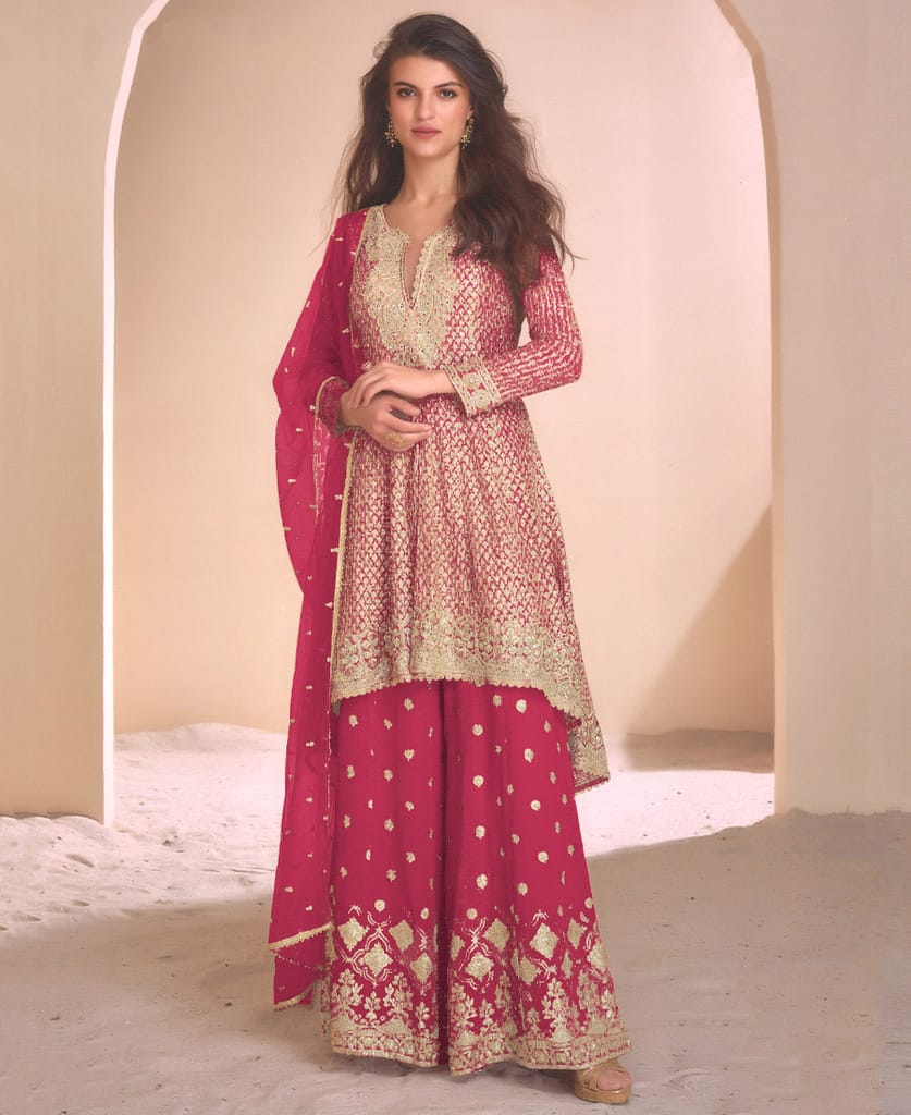 new peach high low style wedding wear georgette salwar suit for women