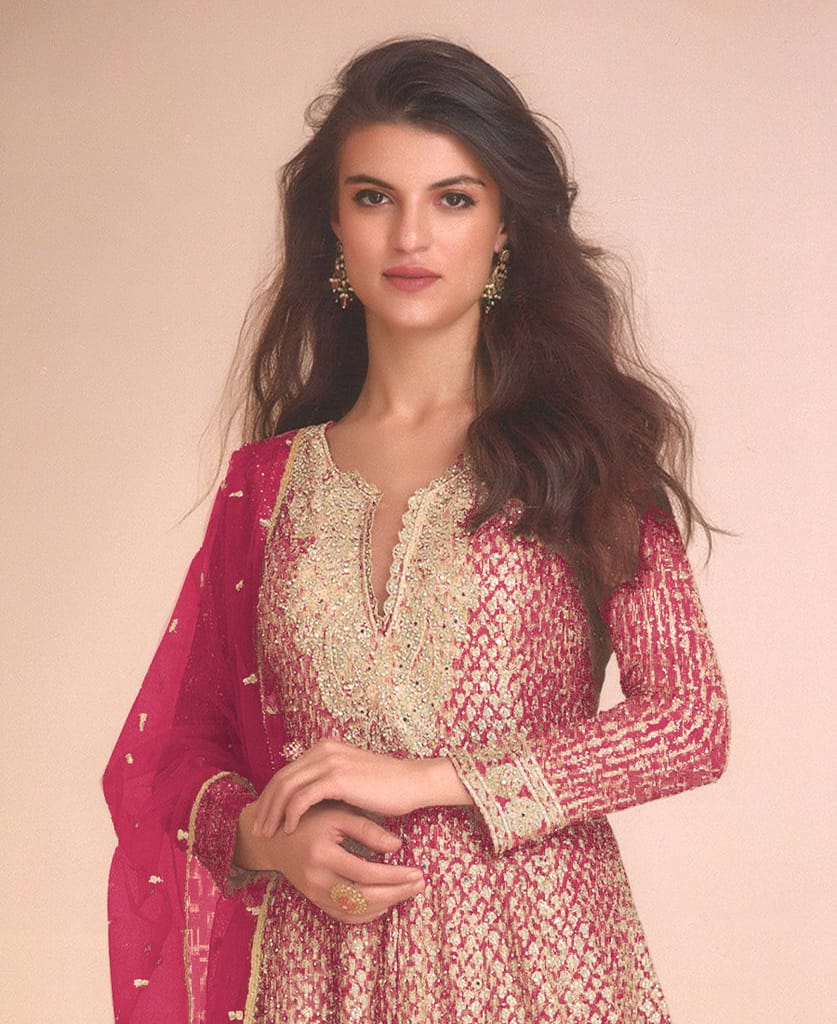 new peach high low style wedding wear georgette salwar suit for women