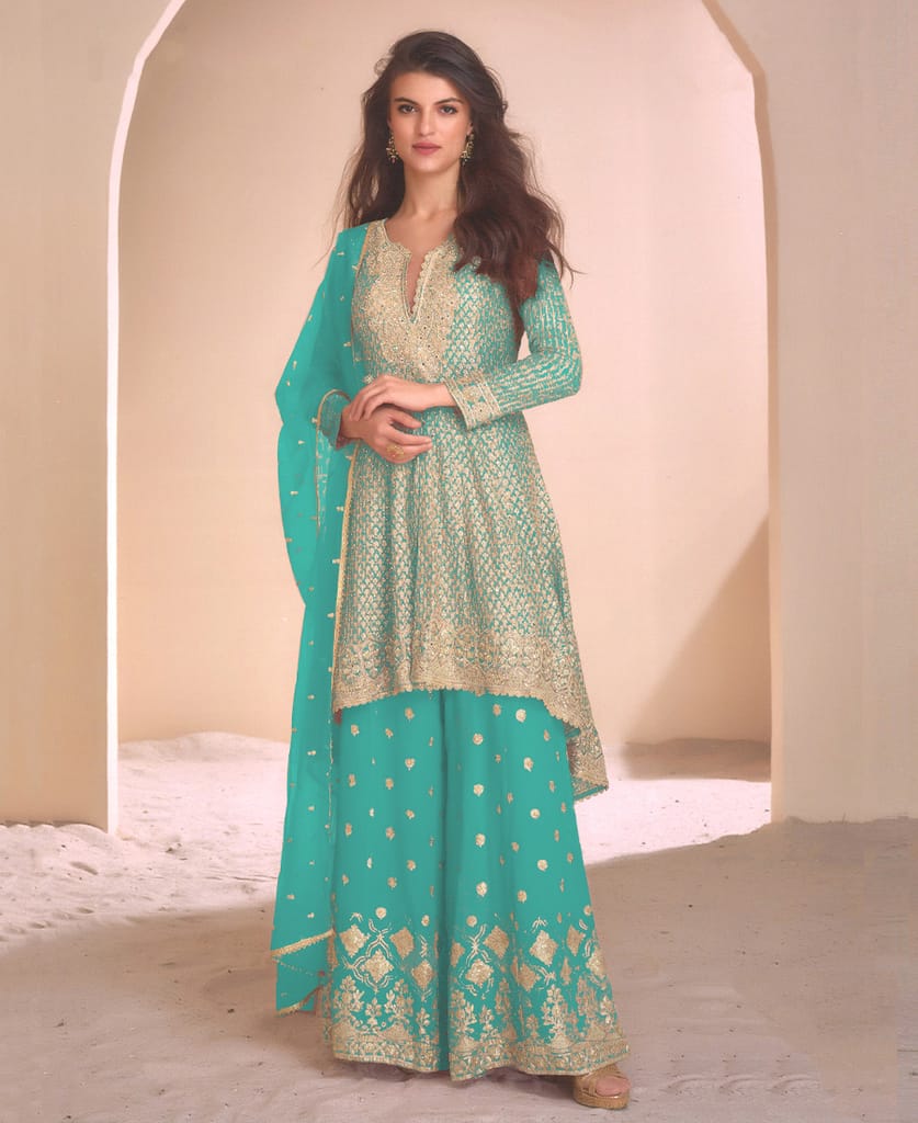 new peach high low style wedding wear georgette salwar suit for women