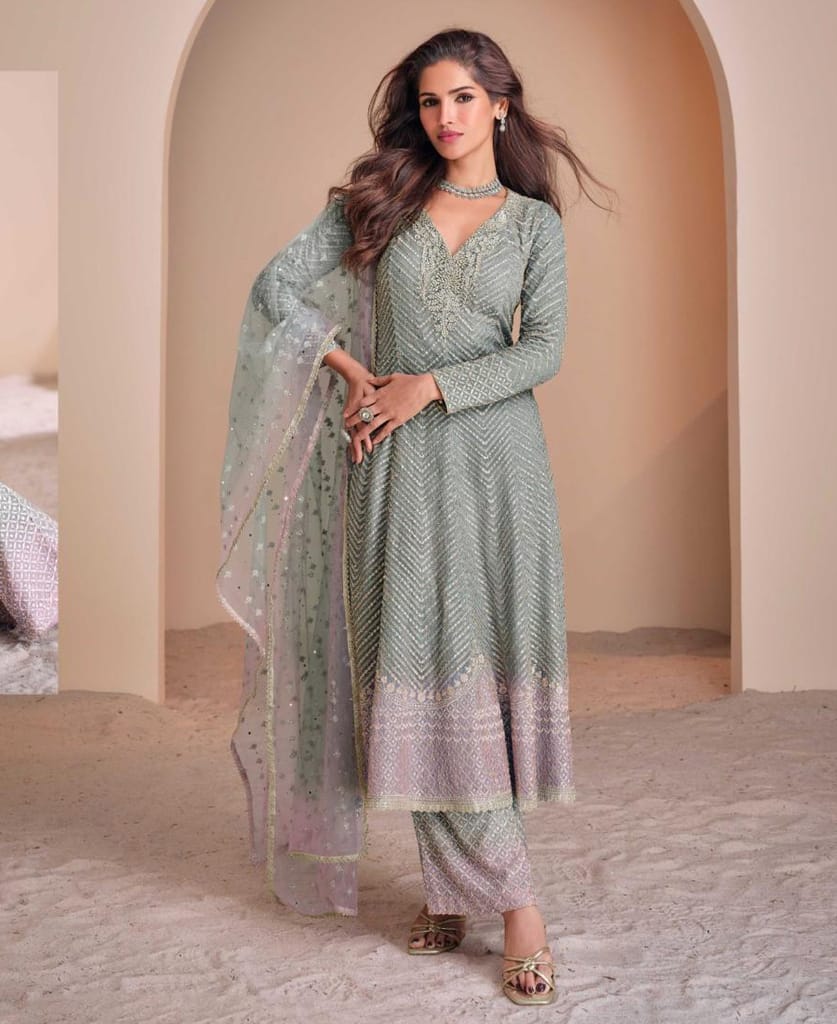 designer heavy embroidered green georgette peplum suit for women