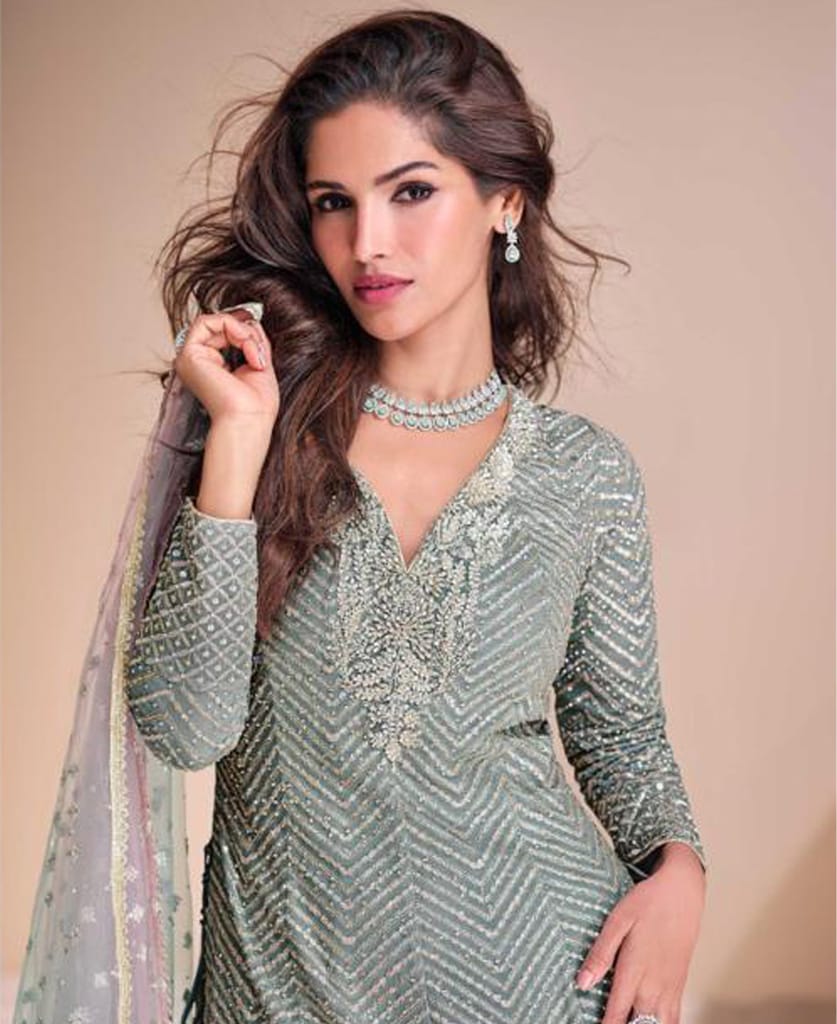 designer heavy embroidered green georgette peplum suit for women