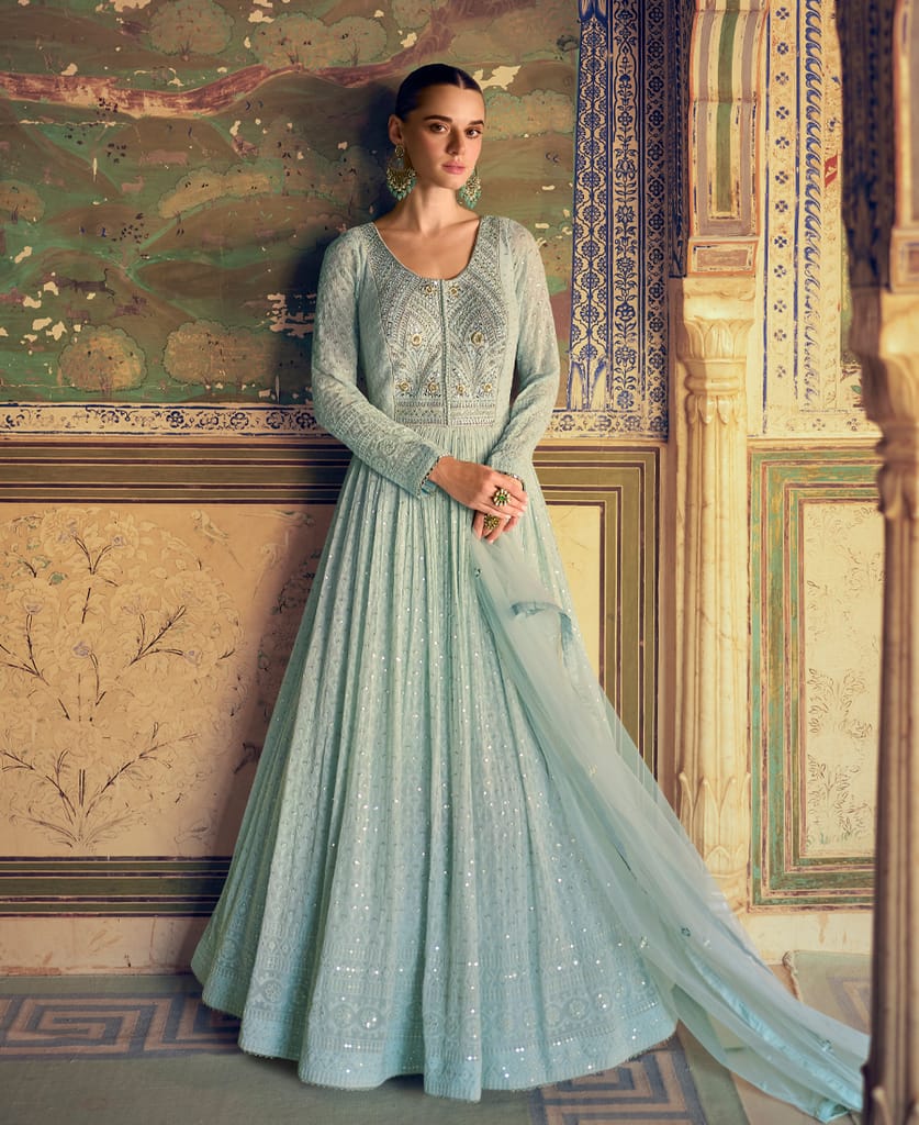 buy sky blue georgette chikankari embroidery anarkali for women