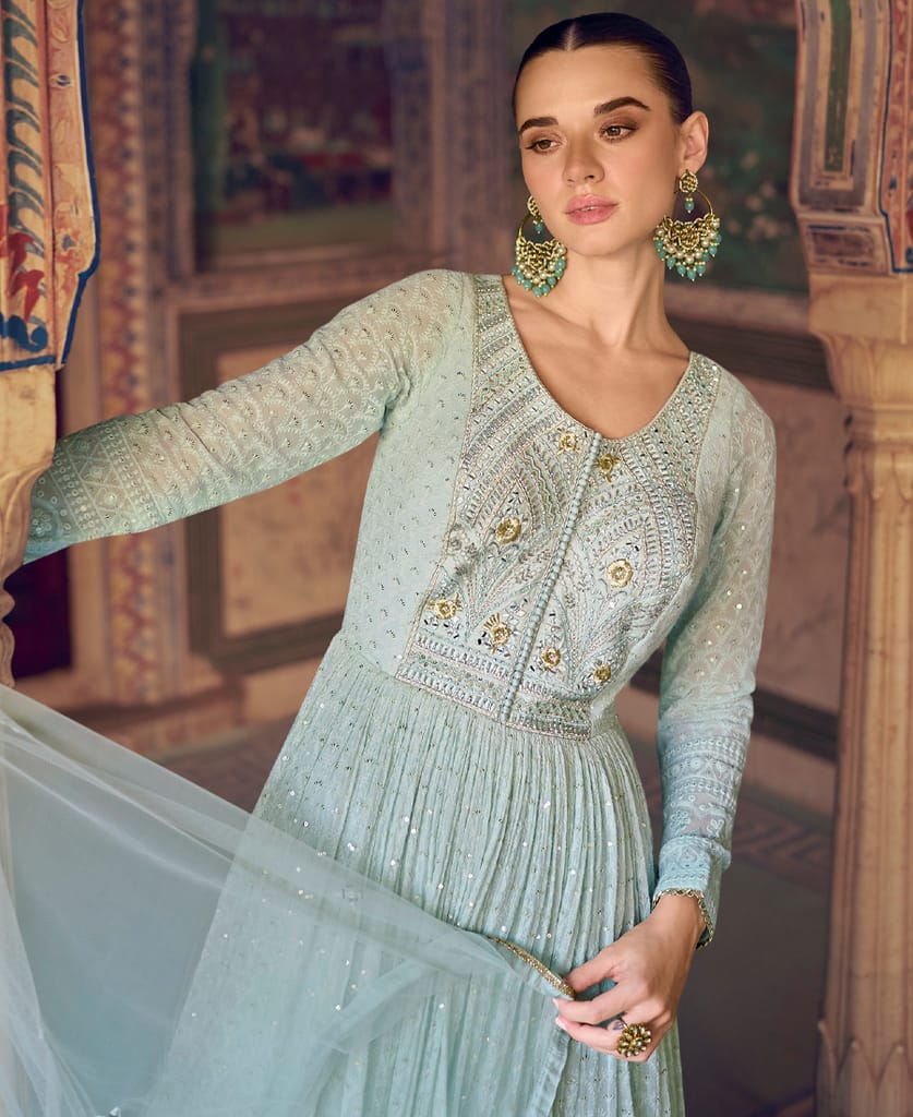 buy sky blue georgette chikankari embroidery anarkali for women