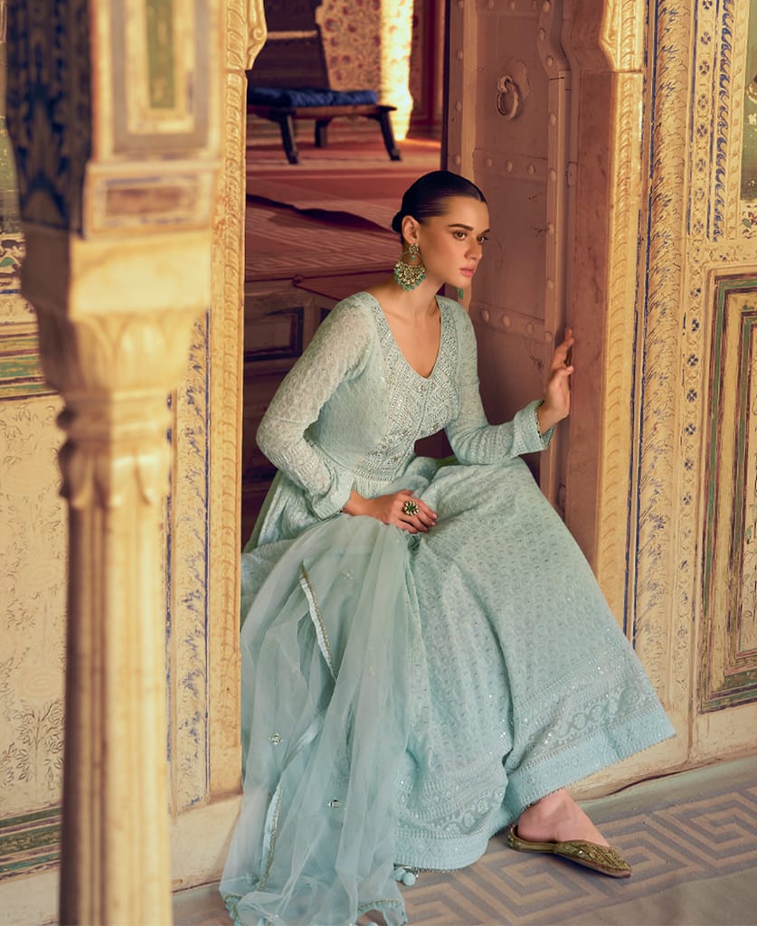 buy sky blue georgette chikankari embroidery anarkali for women