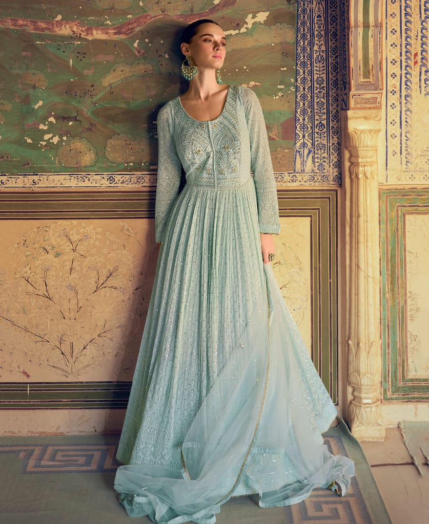 buy sky blue georgette chikankari embroidery anarkali for women