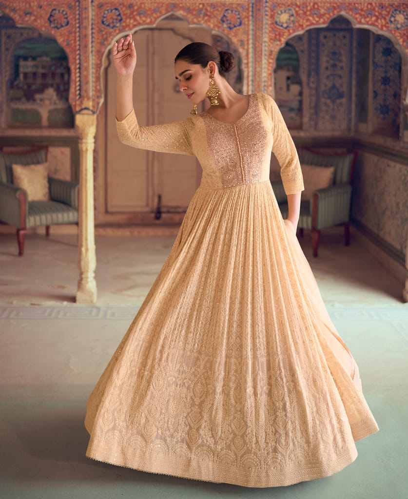 buy beige georgette chikankari embroidery anarkali for women