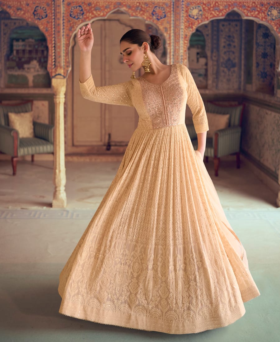 buy beige georgette chikankari embroidery anarkali for women