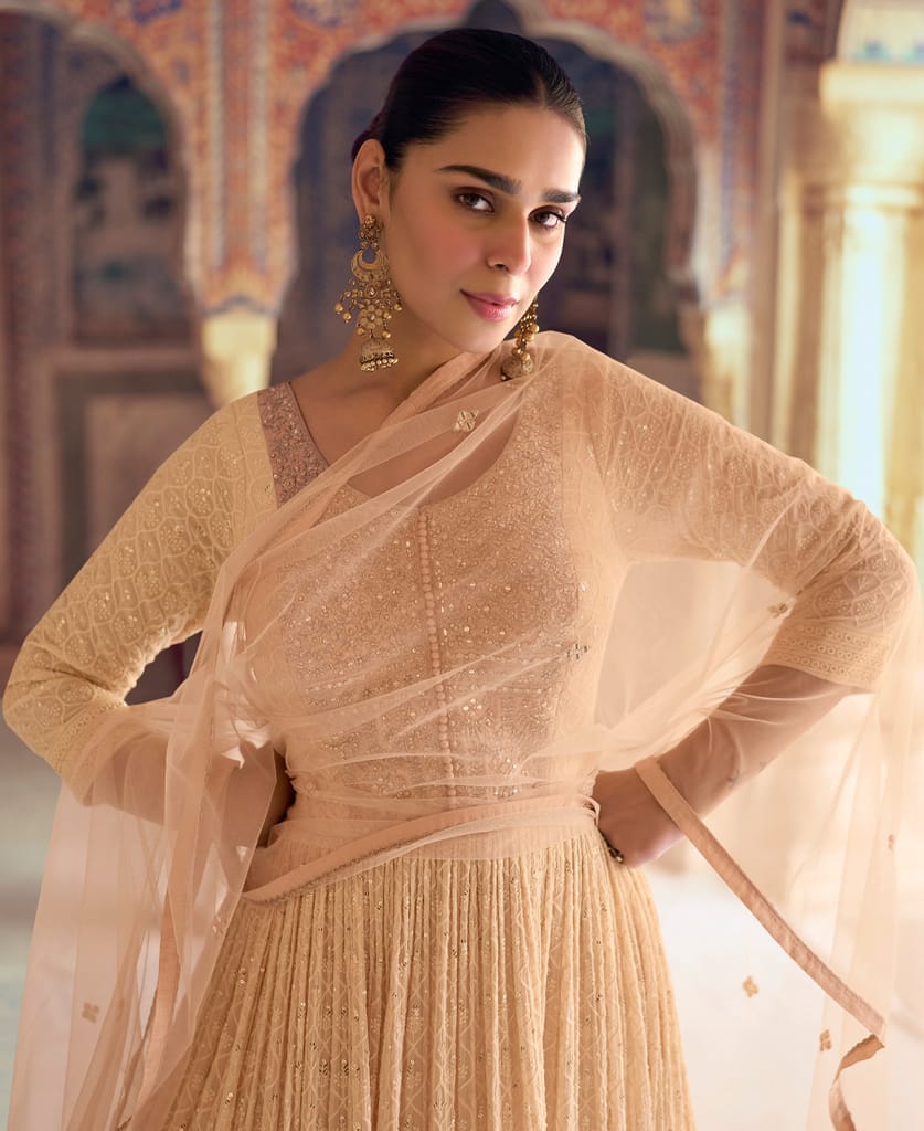 buy beige georgette chikankari embroidery anarkali for women