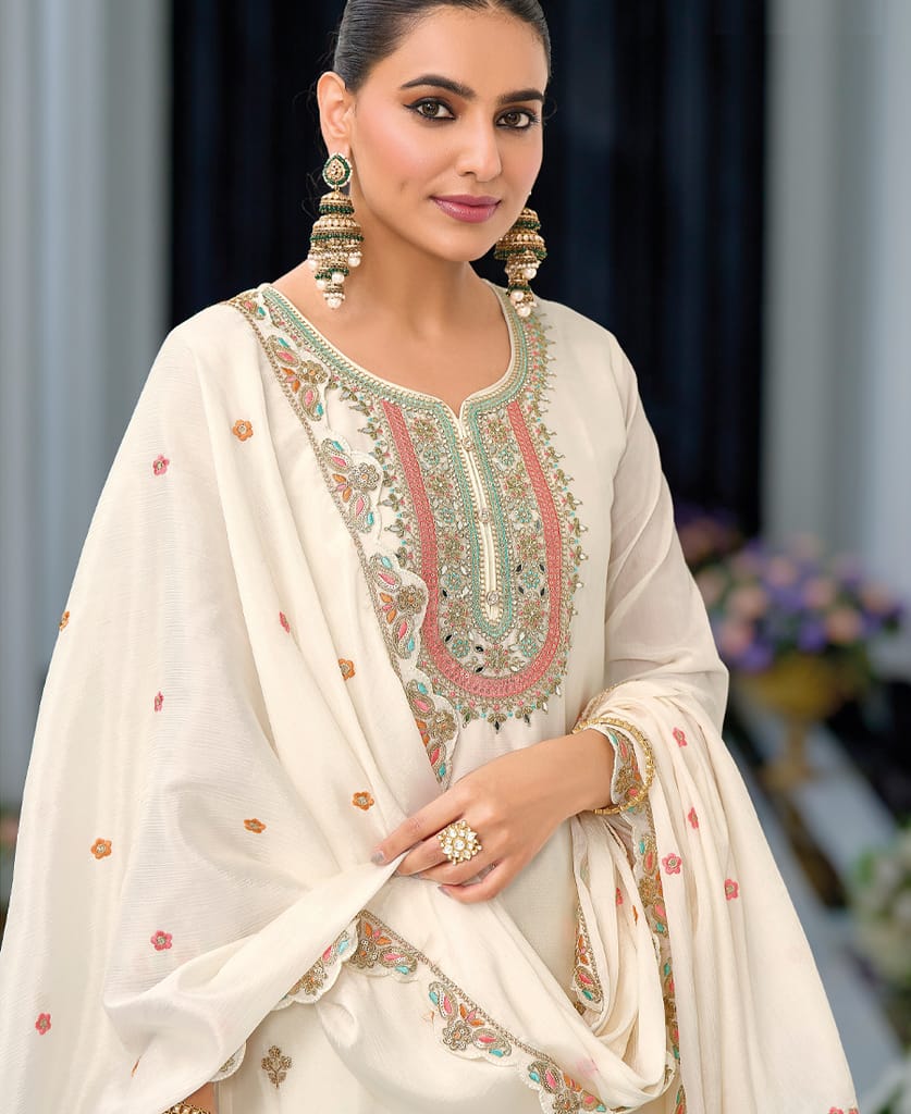 heavy chinon white embroidery worked palazzo suit for women