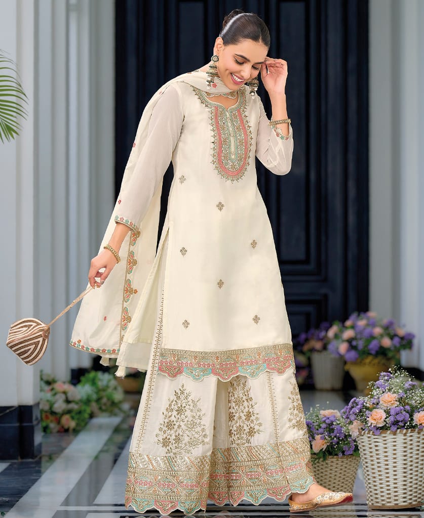 heavy chinon white embroidery worked palazzo suit for women