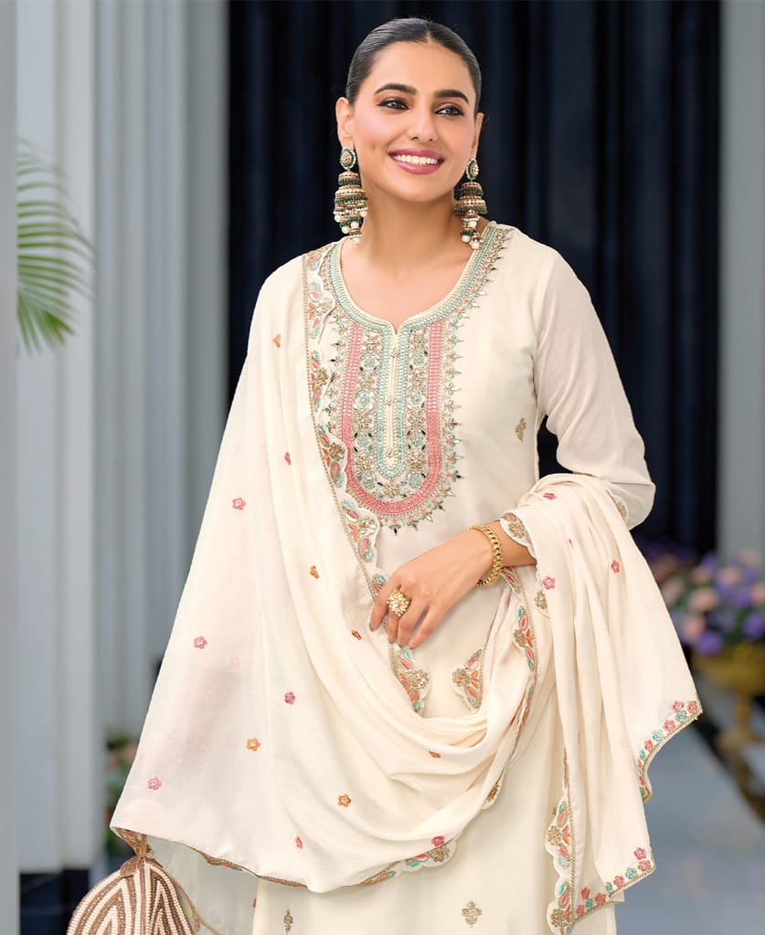 heavy chinon white embroidery worked palazzo suit for women