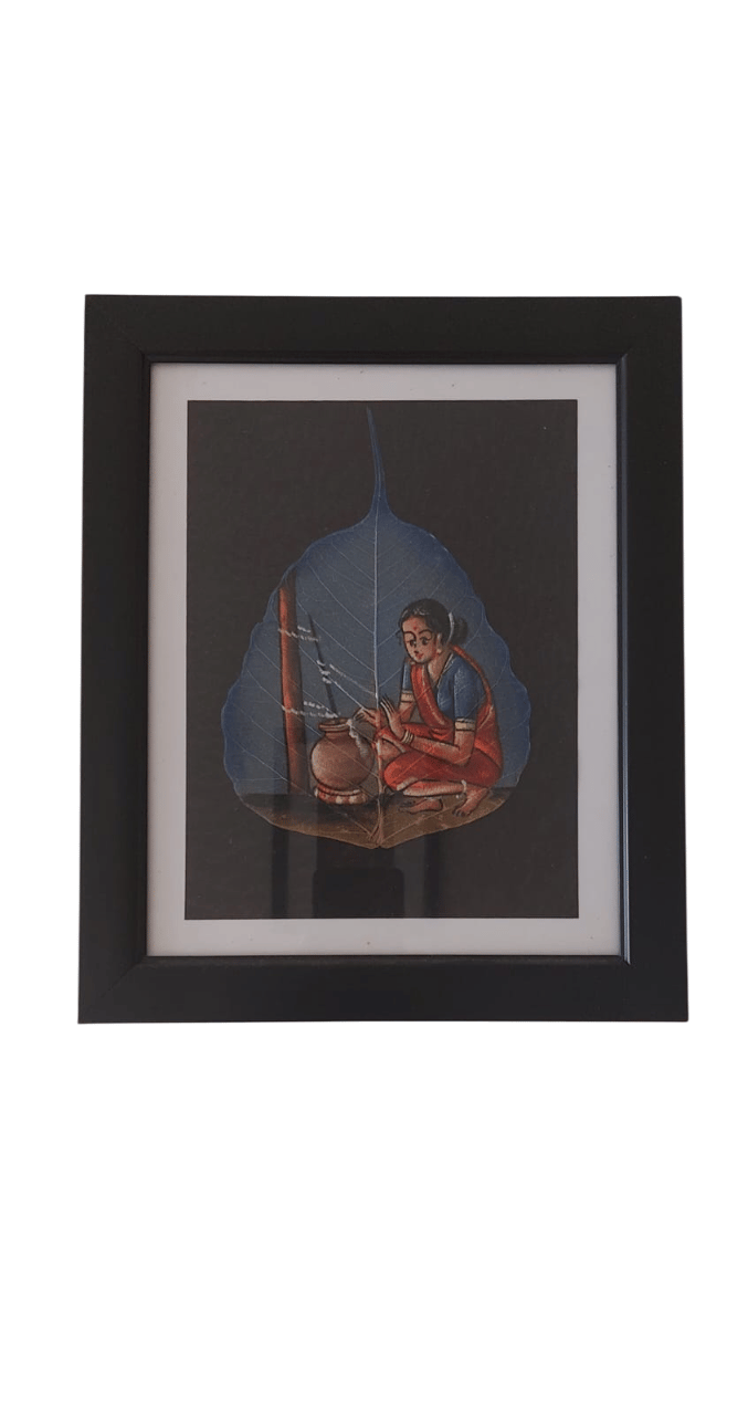 Handed -Painted -Peepal Leaf Art with Wooden Frame 