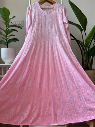 Viscose Chikankari Anarkali -  Pink-Medium
