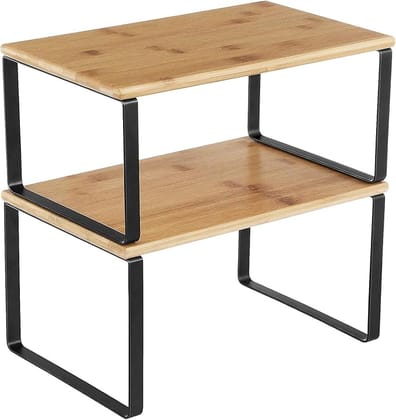 Industries Cabinet Organizer Shelf, Set of 2 Kitchen Counter Shelves, Kitchen Storage, Spice Rack, Stackable, Expandable, Metal and Engineered Wood, Black and Natural (Wooden)