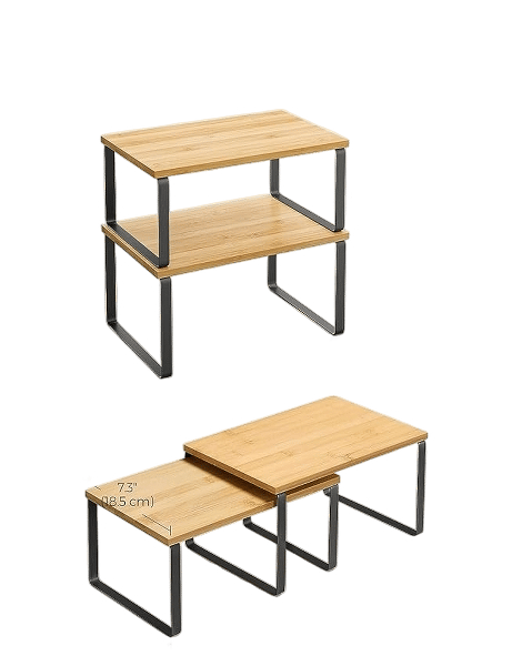 Industries Cabinet Organizer Shelf, Set of 2 Kitchen Counter Shelves, Kitchen Storage, Spice Rack, Stackable, Expandable, Metal and Engineered Wood, Black and Natural (Wooden)