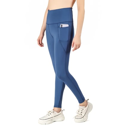Body Smith Women’s Solid Blue High Waist Active Sports Tights with Side Pocket | Stretchable Gym Leggings for Yoga, Running & Workout | Comfortable & Stylish Fitness Wear