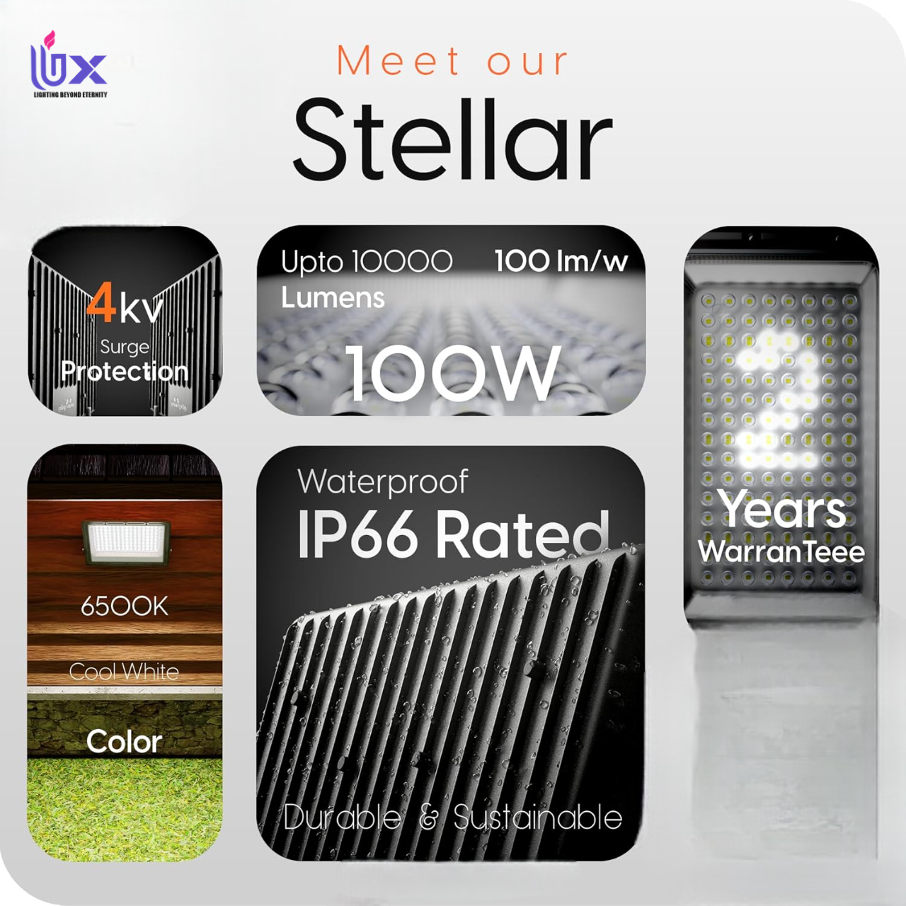 UBX Stellar 100W LED Flood Light With 2-Year Warranty | Cool White | High Brightness Outdoor LED For Security, Landscape, Warehouse, Backyard