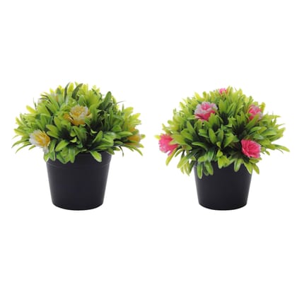 Foliyaj Combo of 2 Artificial Plants with Large Green Leaves and Big Pink and Yellow Flowers for Living Room Table Indoor Home Decoration