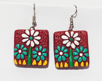 Handmade Floral Square Earrings - Maroon, Turquoise & White Flowers