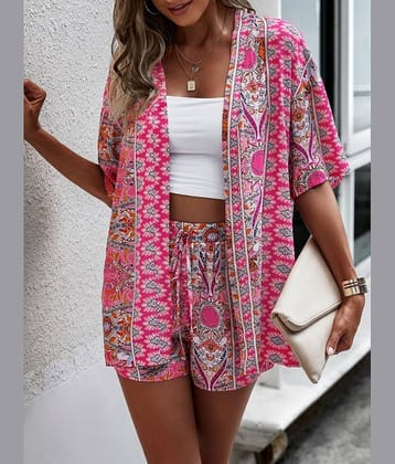 COOL AND CASUAL Women Printed Top With Shorts Co-Ord Set ( Pink )