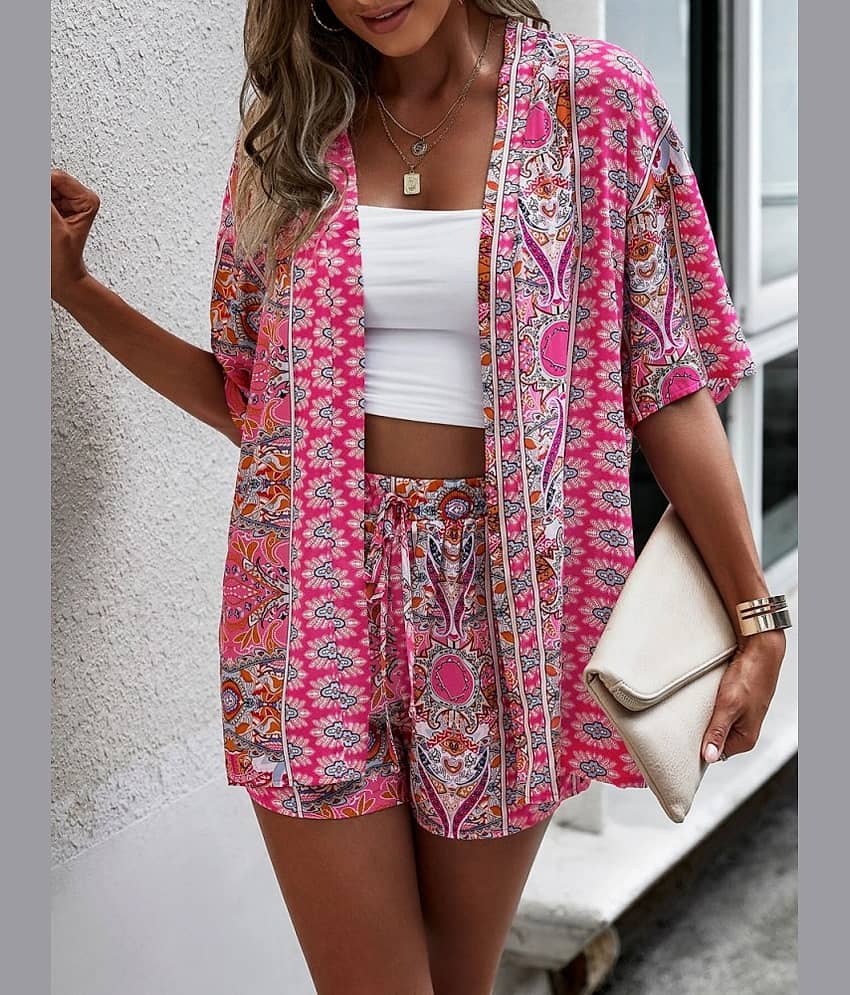 COOL AND CASUAL Women Printed Top With Shorts Co-Ord Set ( Pink )