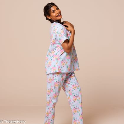 Sky Blue Rose Print Cotton Co-ord set-L